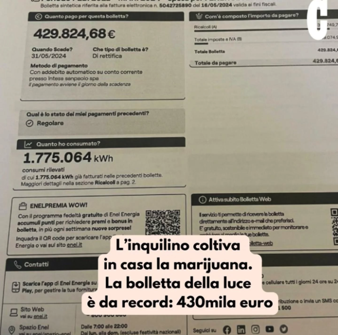 Coltiva marijuana in casa, bolletta da 430mila euro