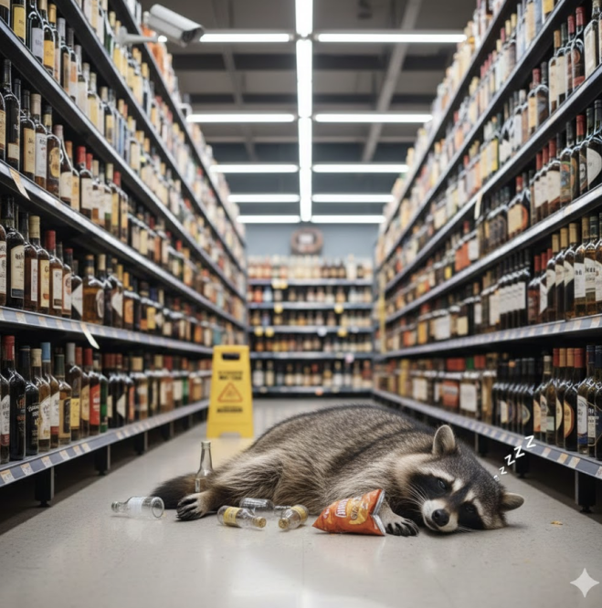 Procione ubriaco trovato svenuto in negozio di liquori